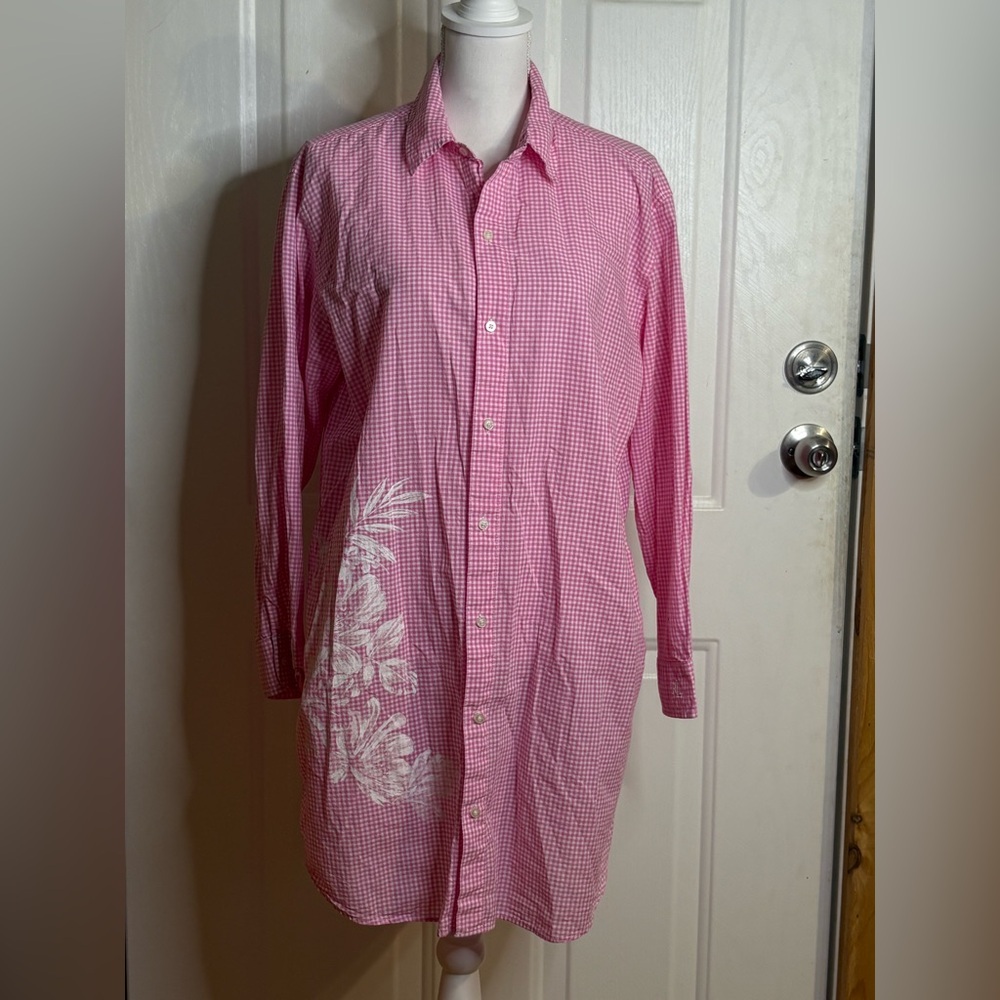Lauren Ralph Lauren Pink Gingham Long-Sleeve Button-Up Cotton Gown. Size L